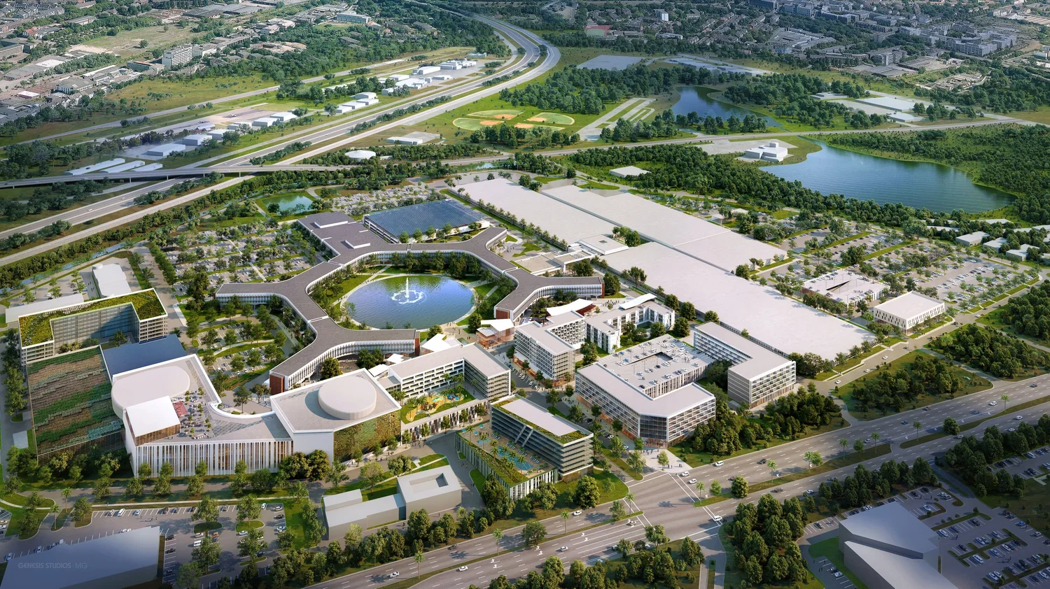 Aerial view of Boca Raton Innovation Campus with offices, greenery, and central pond.